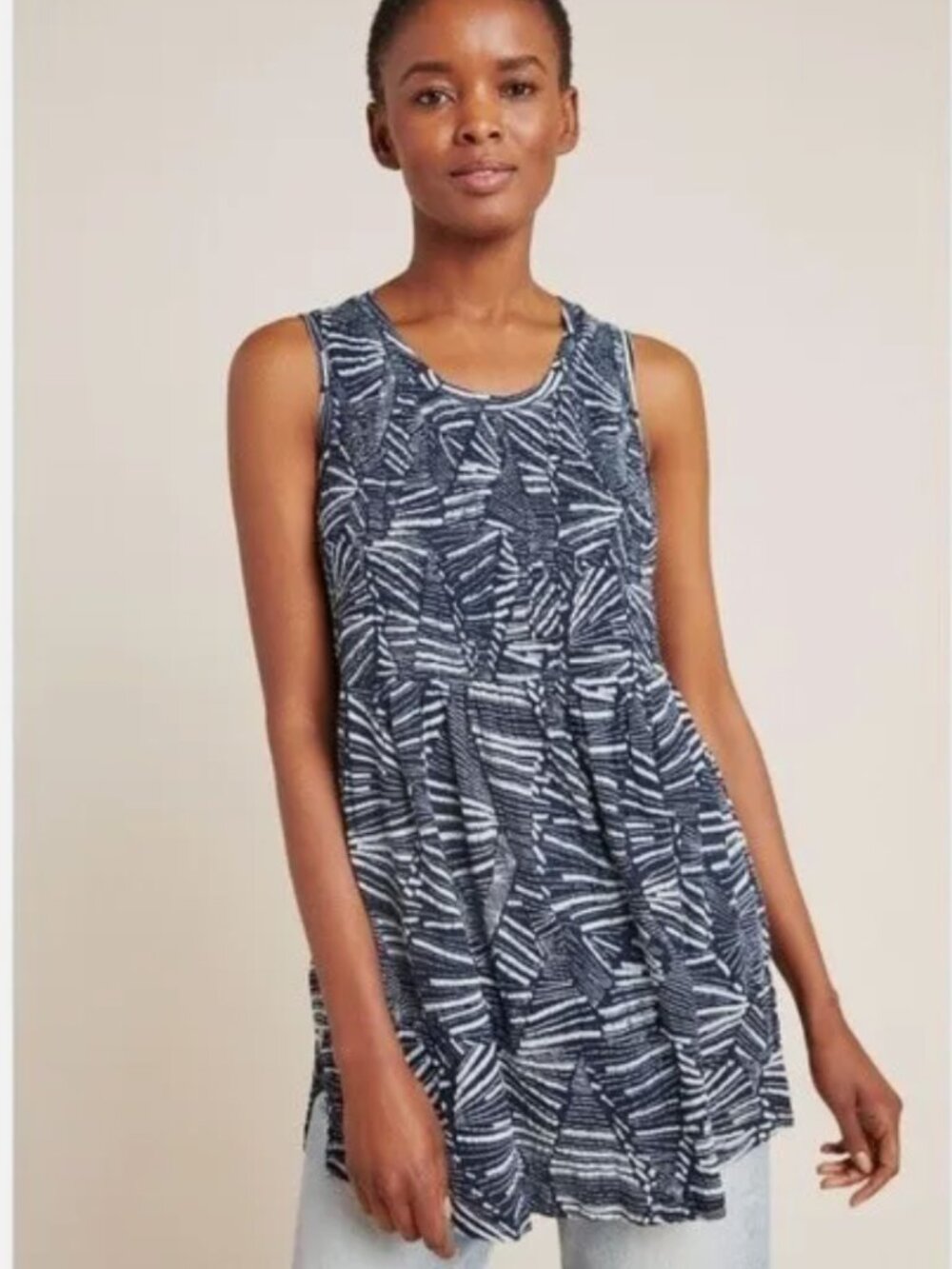 NWT Anthropologie Navy & White Print Riley Smocked Tunic in Women's X-Large